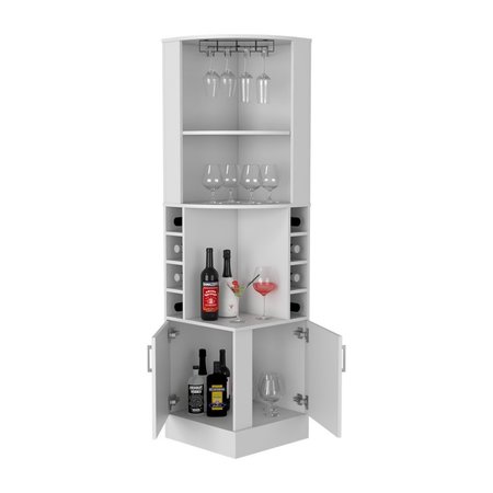 Tuhome Syrah Corner Bar Cabinet, Eight Bottle Cubbies, Double Door, Two Open Shelves, White BLB6546